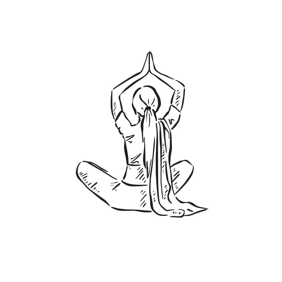 A woman doing yoga facing away. Hair in a pony tail wearing a scarf. vector