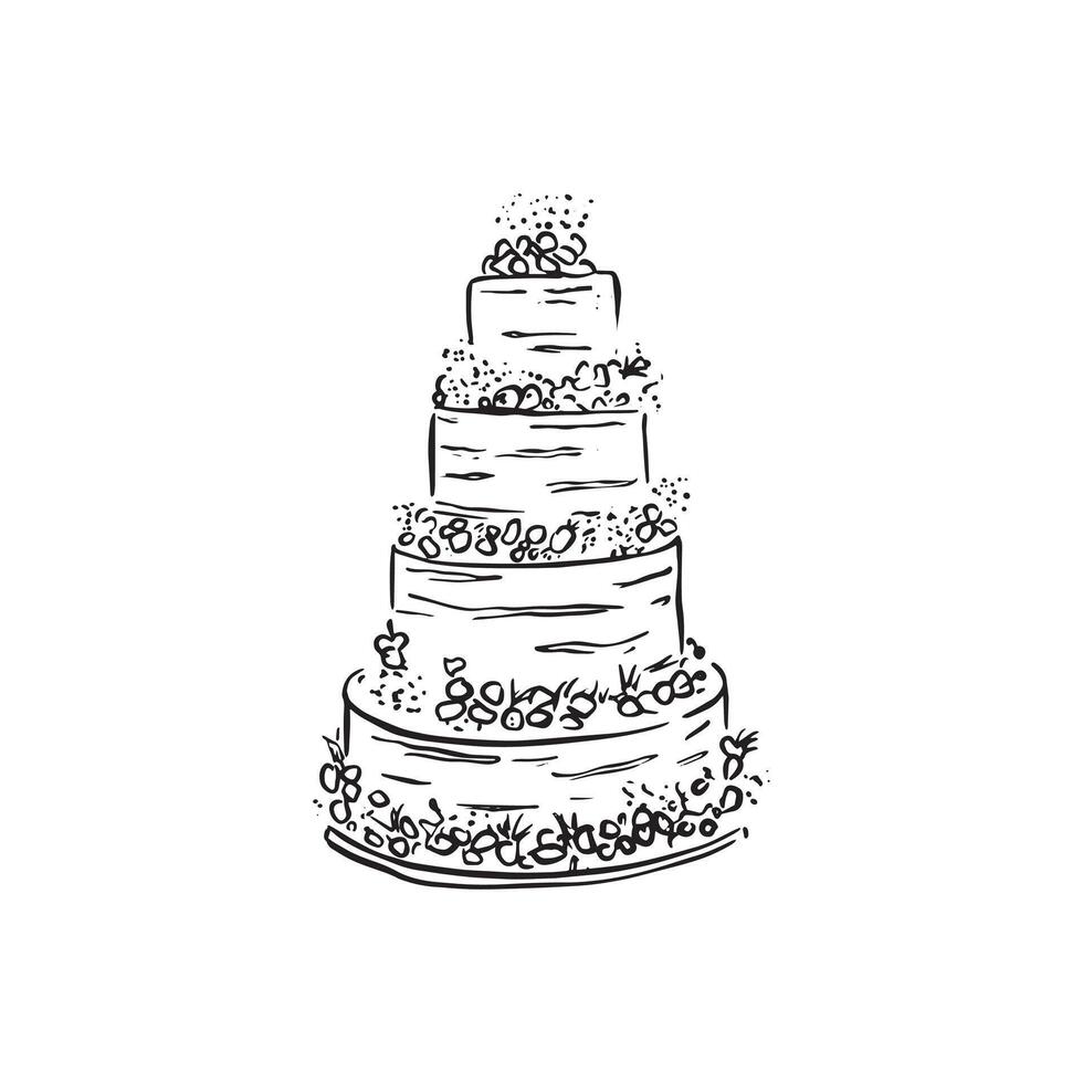 A semi naked four tier wedding cake decorated with dried fruit and flowers. Drawn by hand in black and white line. Vectorised dessert. vector