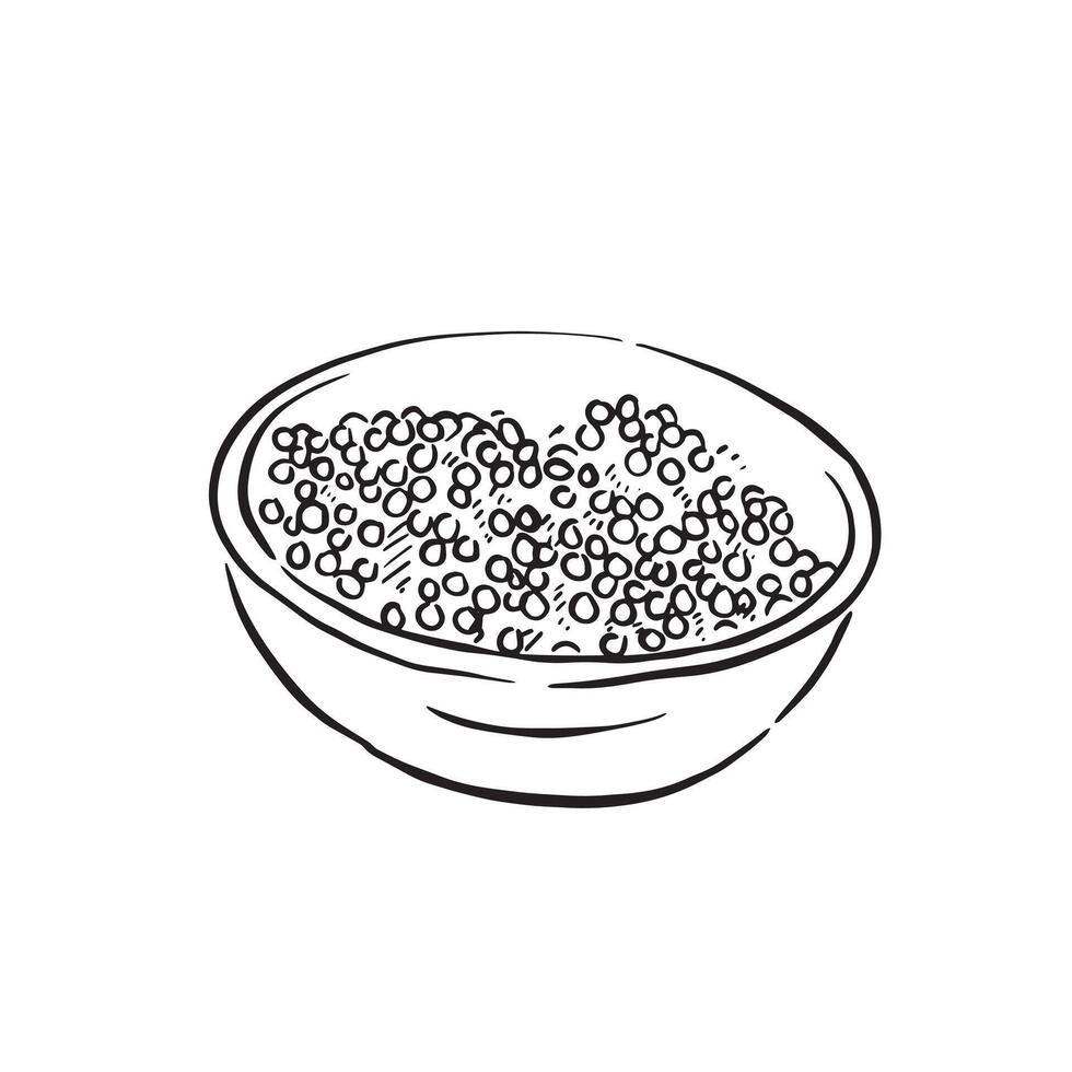 A bowl of caviar drawn by hand in black . Fish row, tapioca, peas, Asian cuisine, luxury food. vector