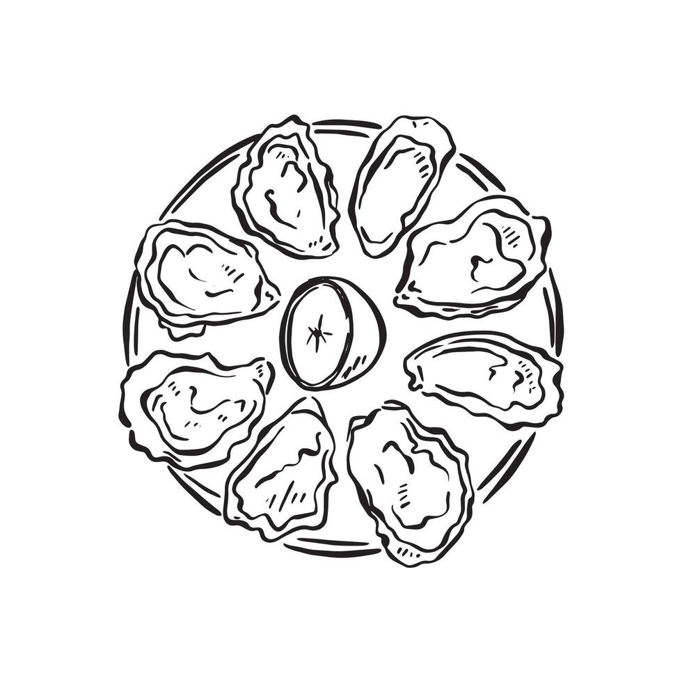 A plate of oysters displayed in a circle with a segment of lemon in the centre. Perfect for a restaurant menu or logo. Drawn by hand in a sketch doodle style. vector