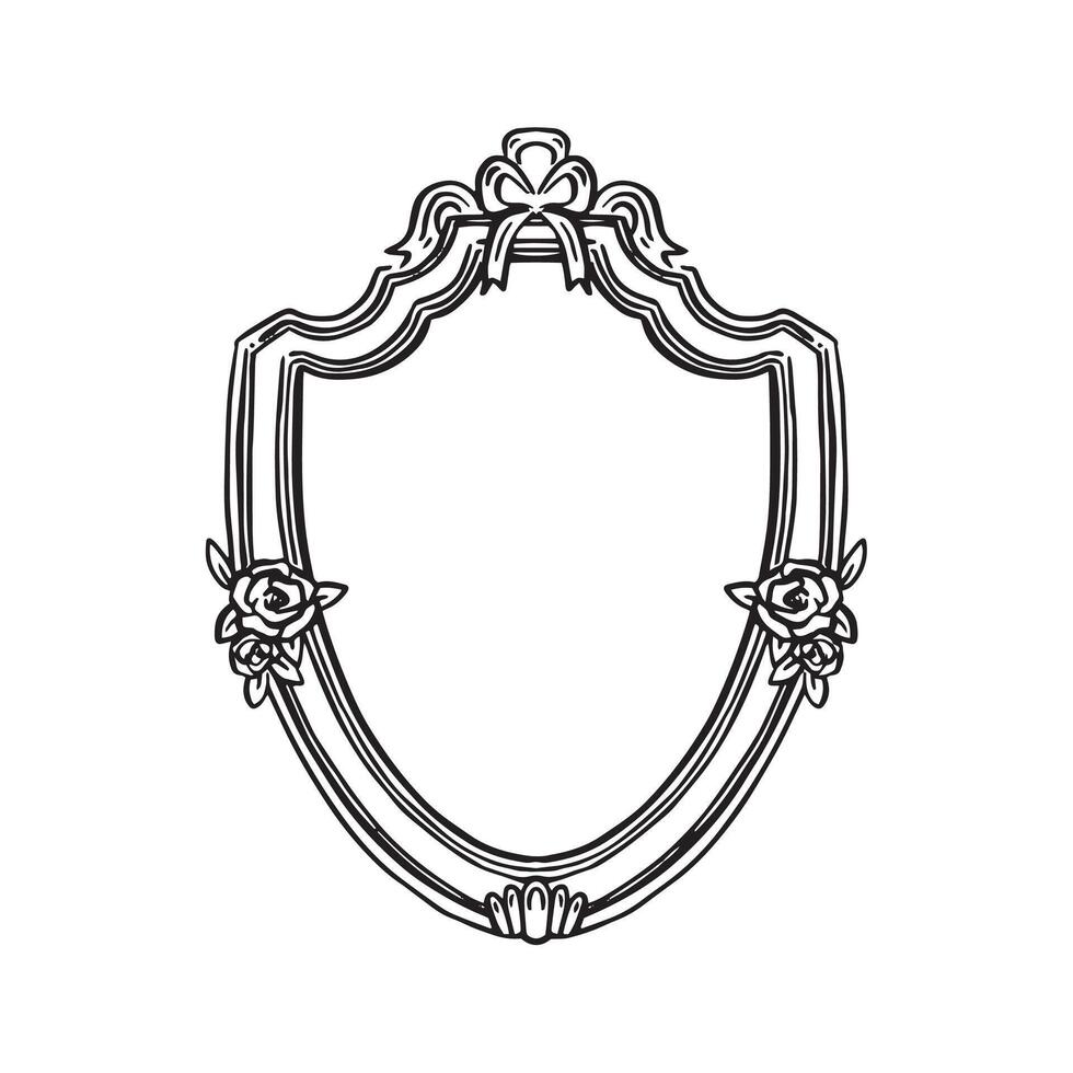 A pretty baroque shaped frame with a bow and roses. Black and white hand drawn sketch of a gilt gold frame. vector
