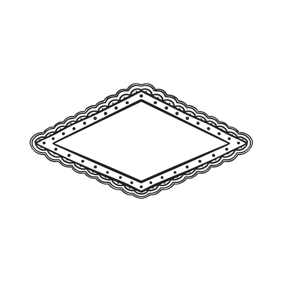 Horizontal diamond frame with scalloped border. Black and white sketch drawn. vector