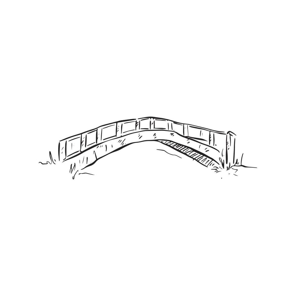 A line drawn bridge in black and white. A cute little bridge in a forest sketch style. Doodle over a river. vector