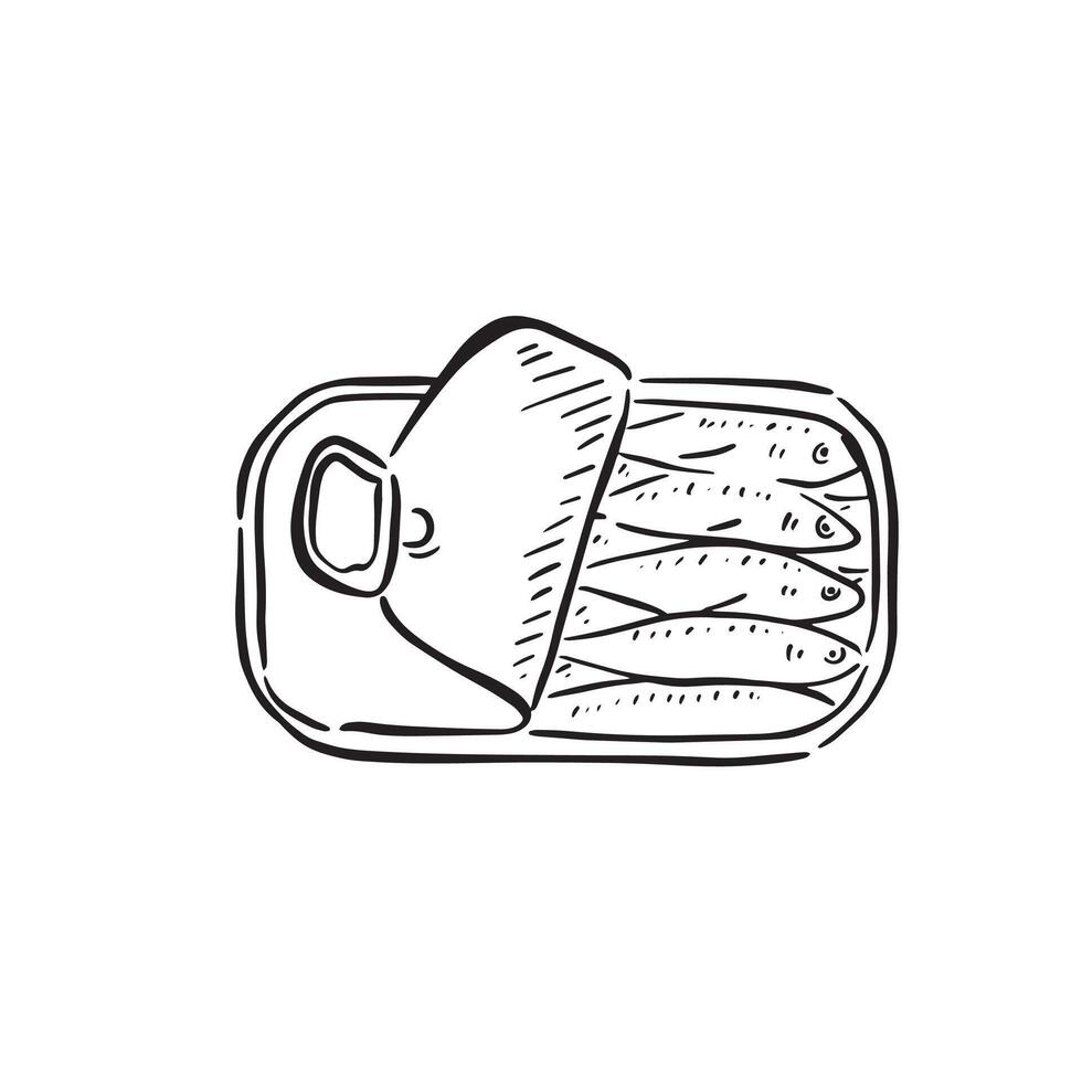 Sardines in a tin. A black and white line drawing of five sardines in a tin with the lid peeled back. Drawn by hand and vectorised. vector