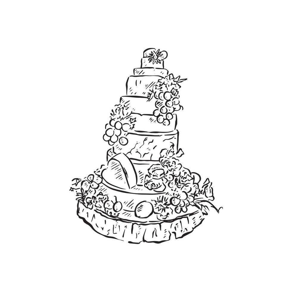 A stacked wedding cheese cake featuring brie, Camembert, Wensleydale, cheddar and other soft and hard cheeses. Finished with grapes and fruit garish. Drawn by hand in black and white. vector