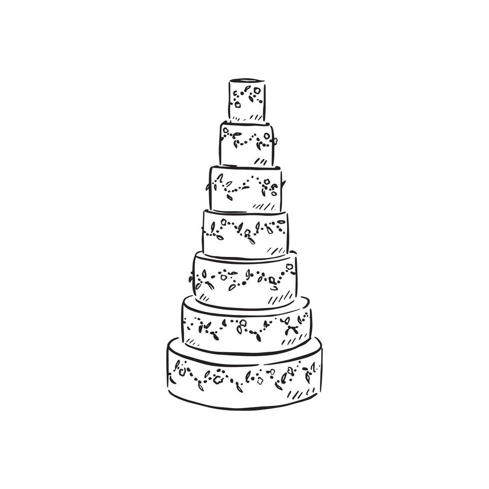 A seven tier wedding cake finished with florals and fondant icing. Black and white illustration line, created by hand. vector