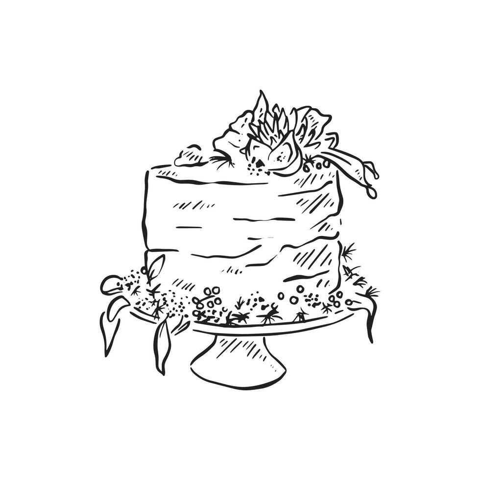 A single tier wedding cake decorated with flowers. Semi naked cake with icing. Black and white vectorised hand drawing. vector