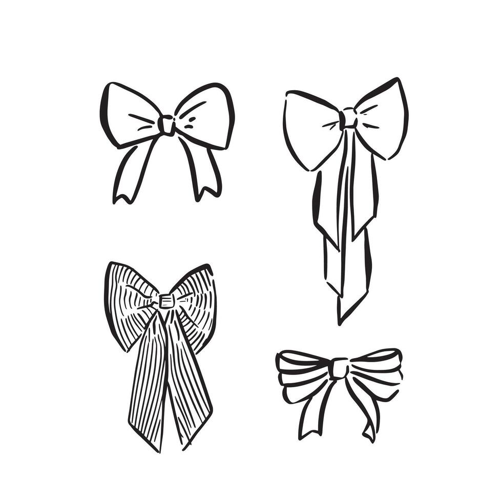 Bows drawn by hand in four styles. Ribbon tied bows for weddings or christenings and other events. vector