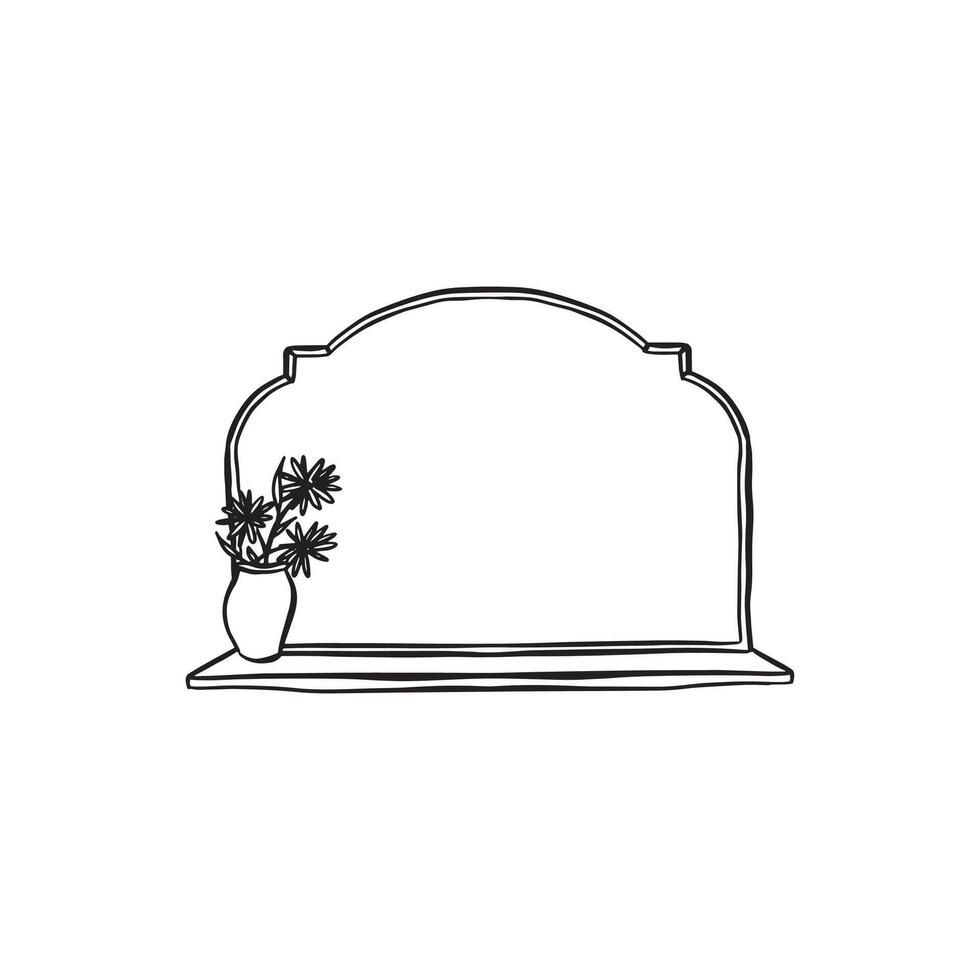 A horizontal decorative mirror, shaped in a classic vintage style with a sill and a vase of flowers on the left hand side. Black and white hand drawn sketch vector