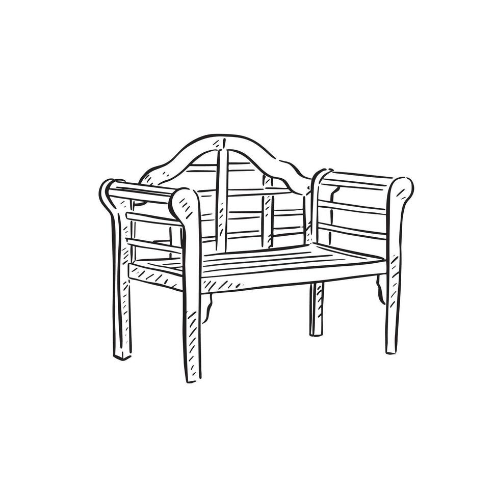 A line drawn garden bench in black and white. Drawn by hand in a sketchy style and vectorised for a variety of uses. vector