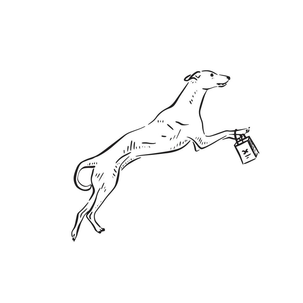 A line drawn illustration of a whippet dog holding a gift bag. A black and white sketch with shading. vector