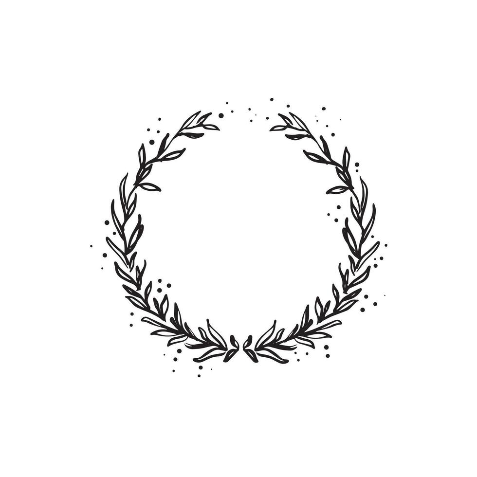 A pretty wreath drawn by hand in black and white. Formal leaf layout with a gap at the top in sketch style vector