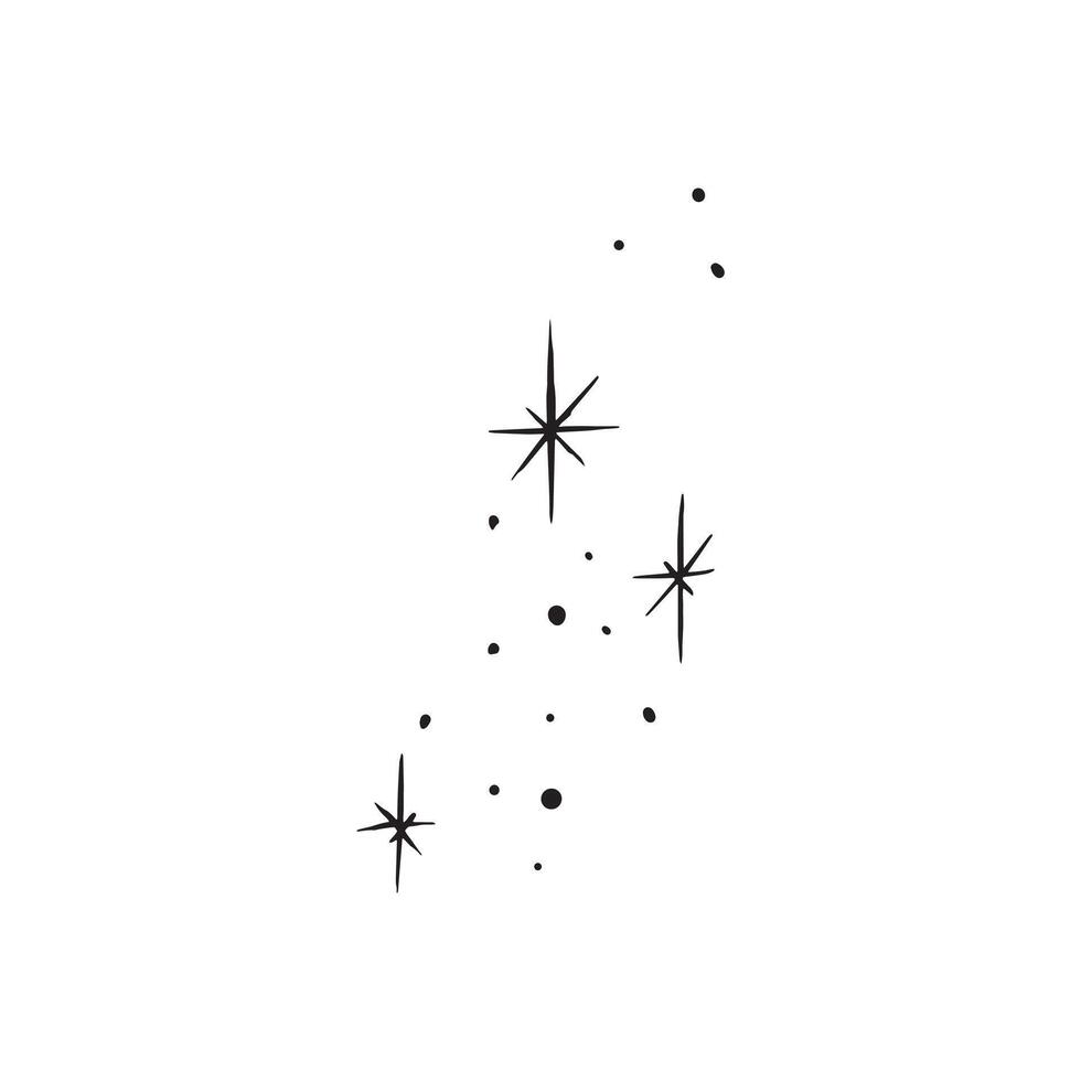 Simple black hand drawn twinkles signifying stars in the night sky. Black dots and simple stars in black. vector