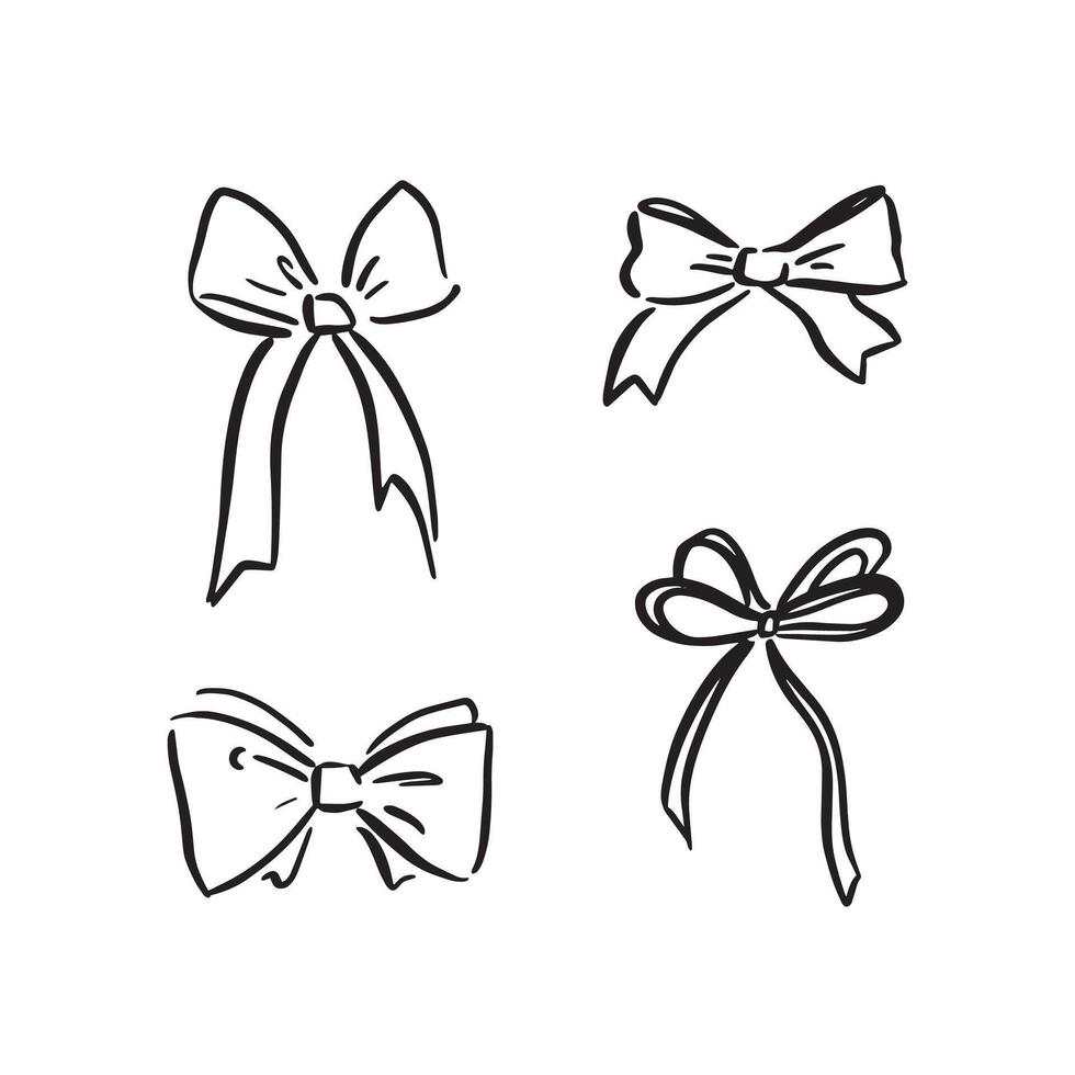Bows drawn by hand in four unique styles. Ribbon tied bows for weddings or christenings and other events. vector