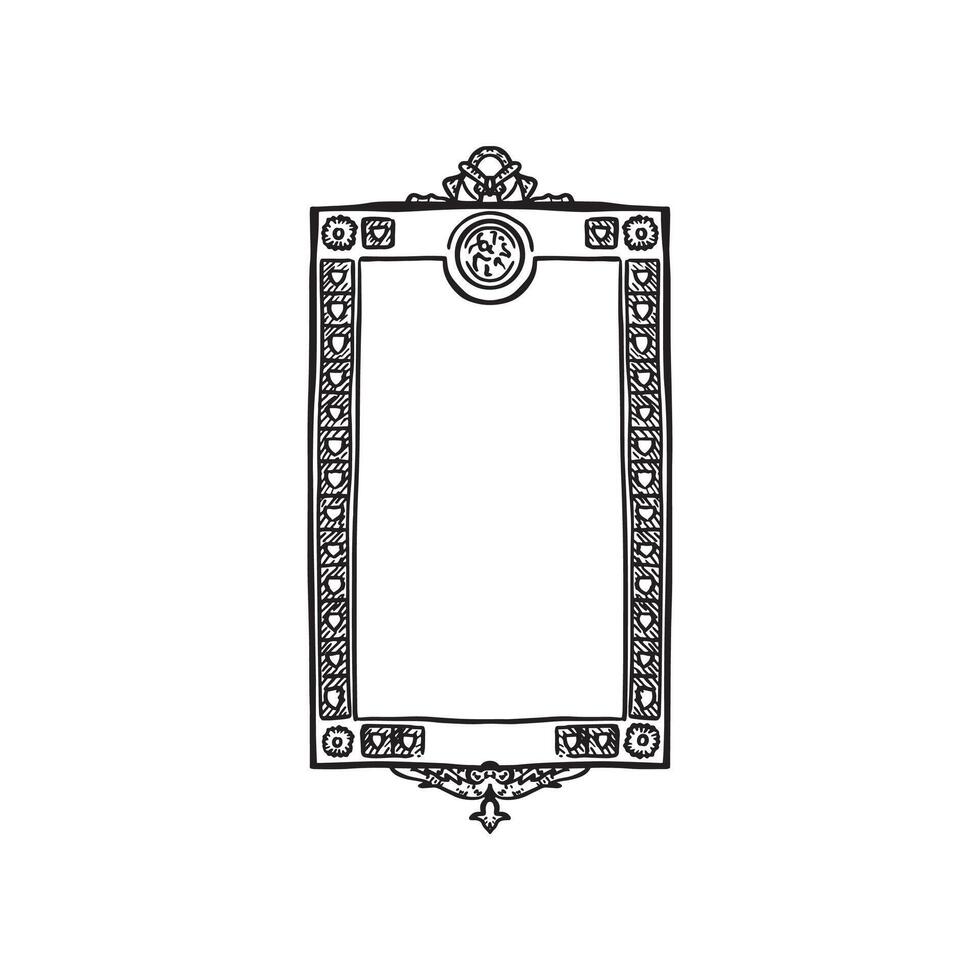 A vintage overmantle frame in Italian style. Ornate mirror or picture frame border featuring shields. Hand drawn in black and white. vector