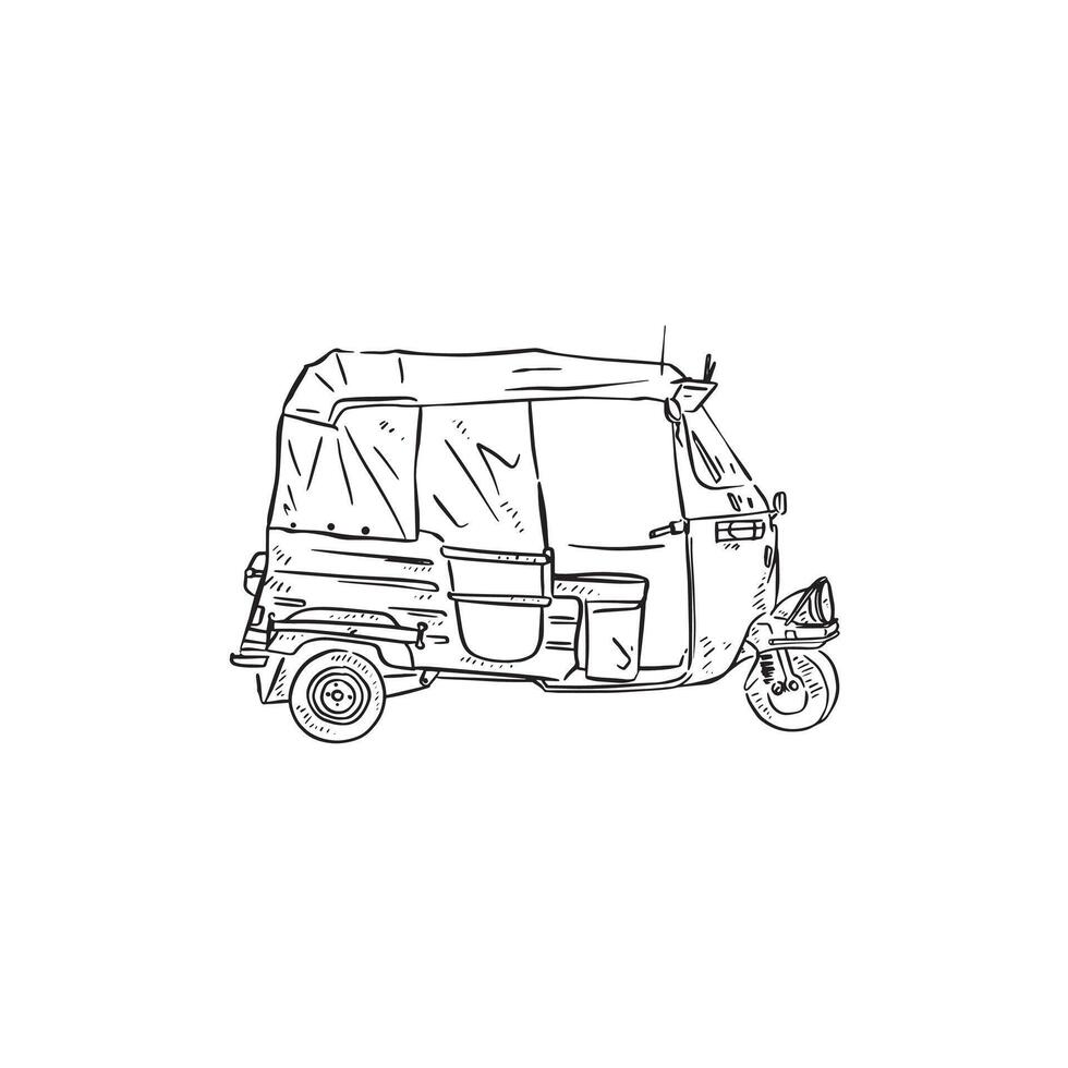Tuktuk, a famous Asian method of transport. Drawn by hand in black and white sketch style. vector