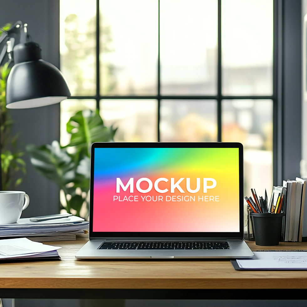 Elegant Office Desk Scene with Laptop psd
