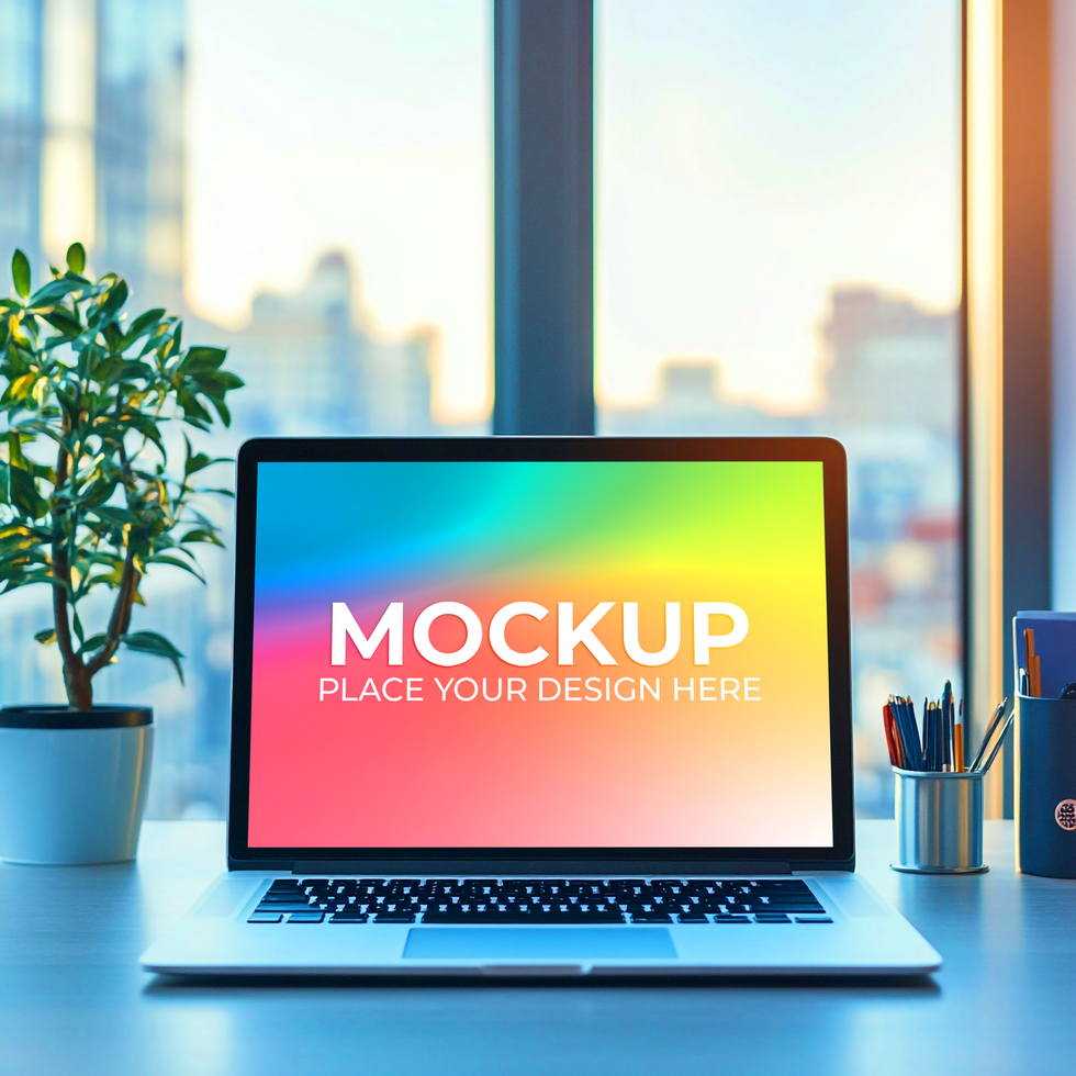 Workspace Mockup with Focused Laptop psd