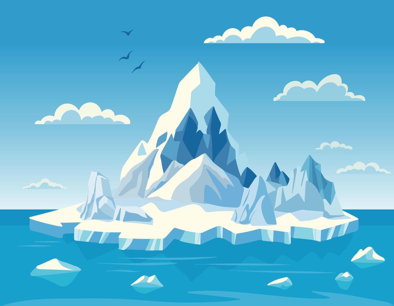 A illustration of a cold arctic landscape featuring a large iceberg surrounded by ocean water, floating ice chunks, and a clear blue sky with clouds and birds vector