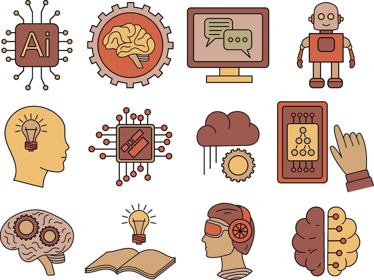 un ilustración de artificial inteligencia elementos incluso robots, neural redes, sesos, computadora papas fritas, y digital comunicación símbolos vector