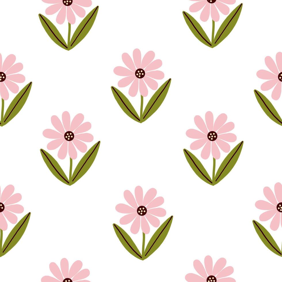 Minimal seamless floral pattern with hand-drawn pink flowers in flat style on a clean white background, perfect for textile or wallpaper vector