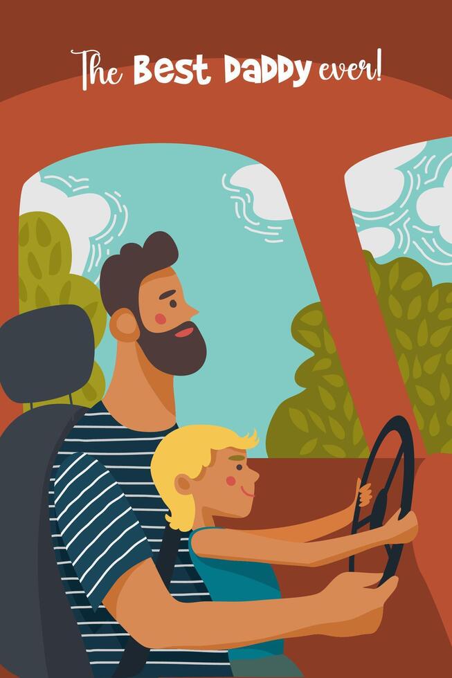 Fathers Day card design. The dad guiding his son on how to steer the car. vector