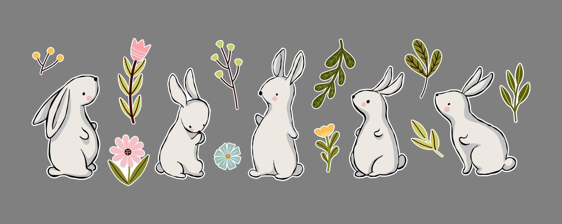 Hand drawn sticker set of adorable white bunnies with flowers and plants on a dark background in playful cartoon style for kids. vector