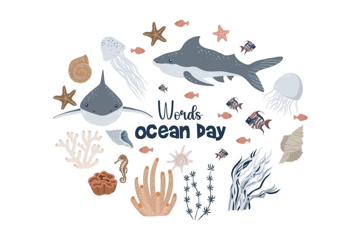 World Ocean day card on a white background. Illustration of underwater world with sharks, fish, seaweed and sea creatures. vector