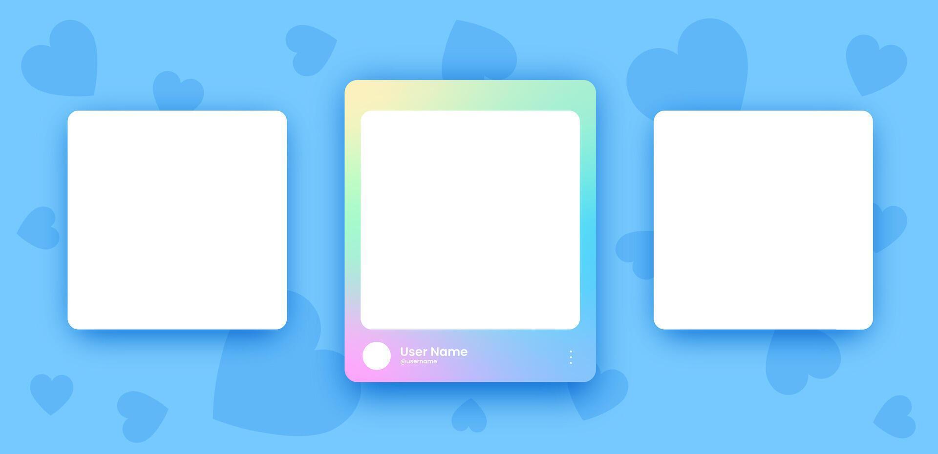 Social media frame collection template. Colorful social media interface. three different colored phones with hearts on them vector