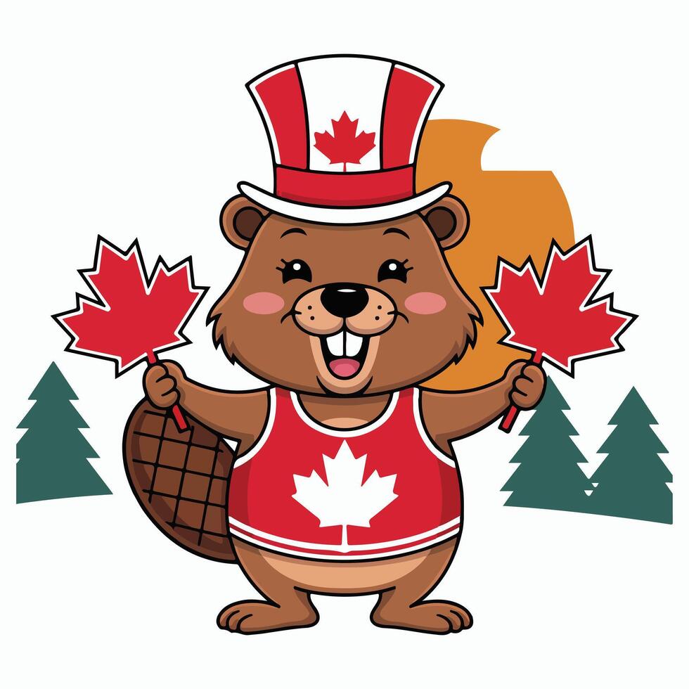 Fun Canada Day Art with Beaver and Maple Leaf Motif vector