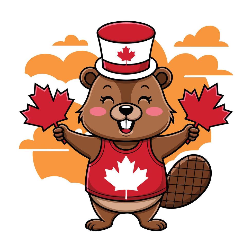 Smiling Beaver Cartoon with Canada Day Maple Leaf Theme vector