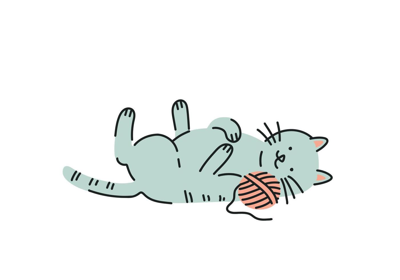 Cute cartoon cat with a ball of thread isolated on white background, flat illustration for children's drawings or themes vector