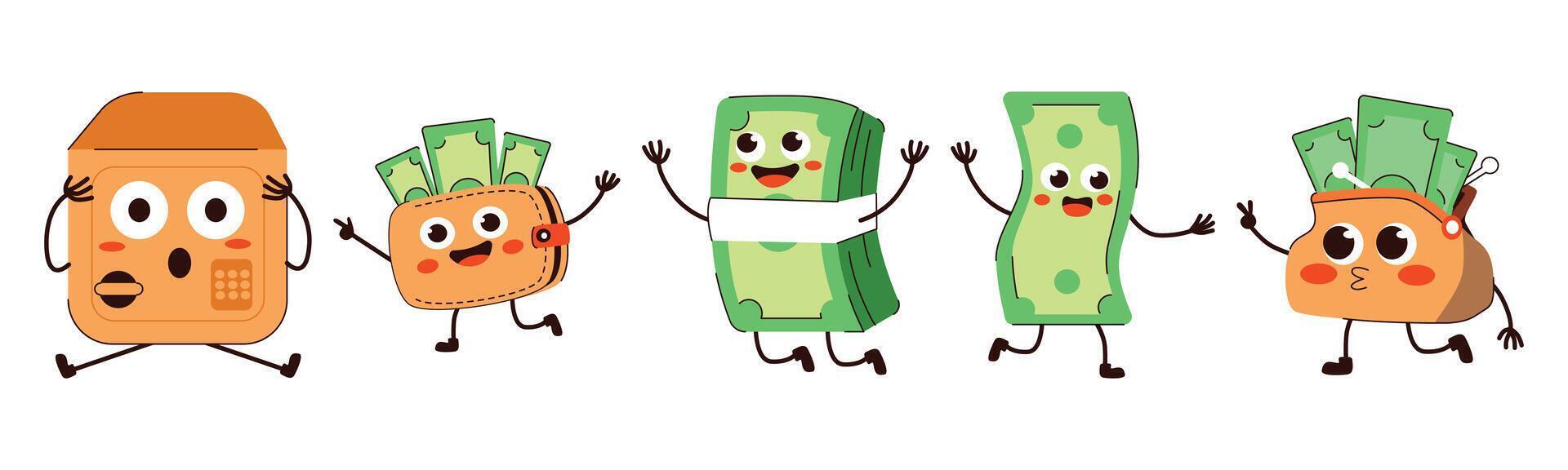 Cartoon style illustration depicting money characters in playful poses expressing abundance vector