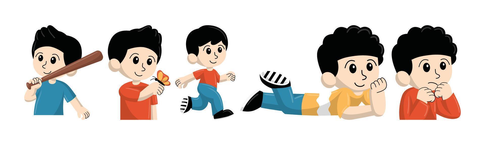 Illustration of a cartoon boy in various poses and emotions, playing baseball, catching a butterfly, running, lying down, and looking anxious. vector