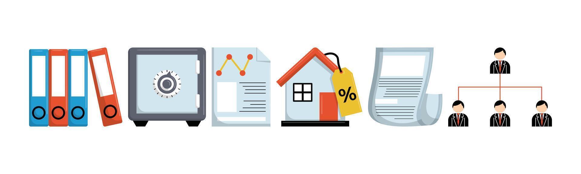 Illustrative representation of financial organization and management showcasing elements like data analysis, security, investment, and hierarchical structure. vector
