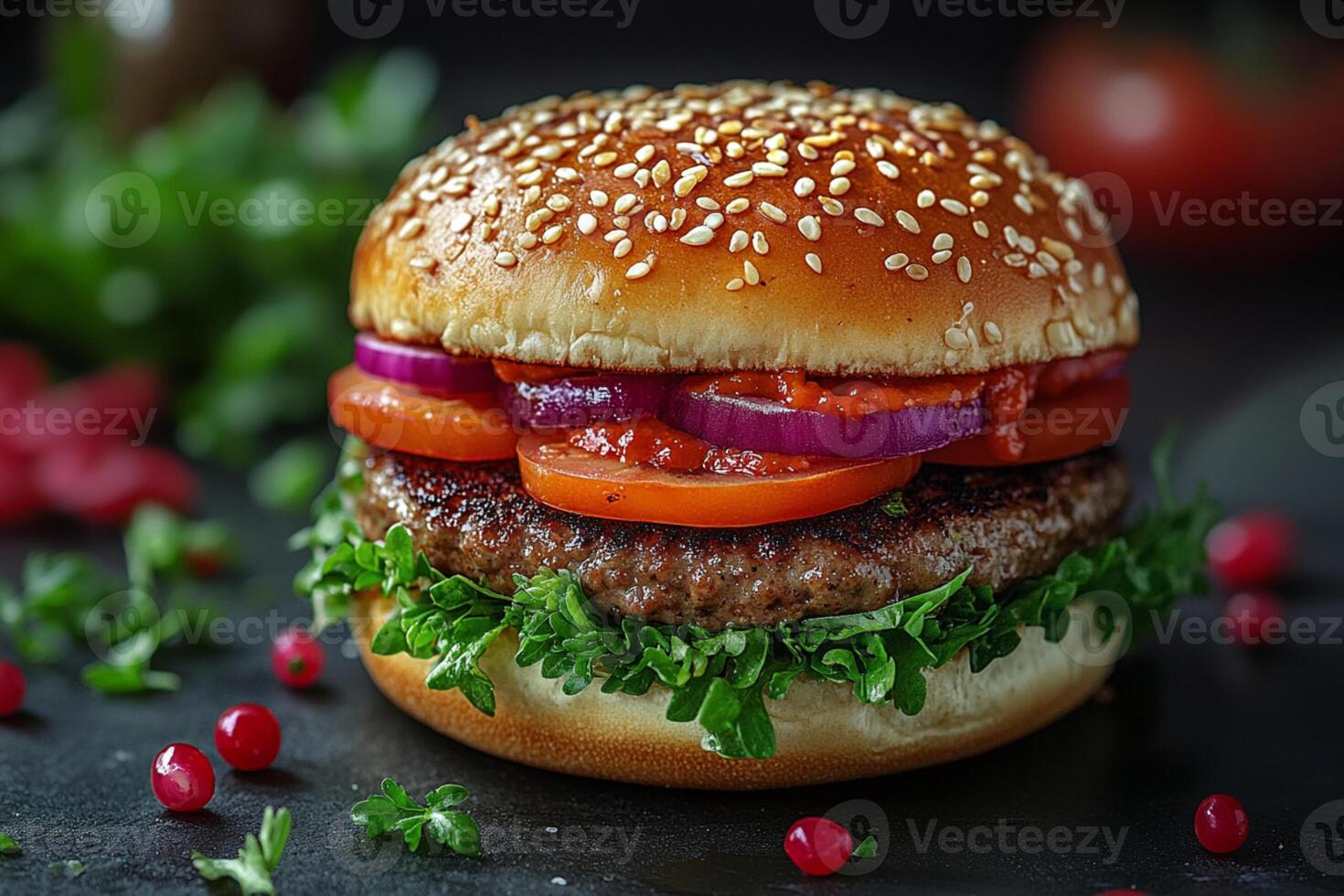 Juicy and Delicious Beef Burger with Fresh Ingredients photo
