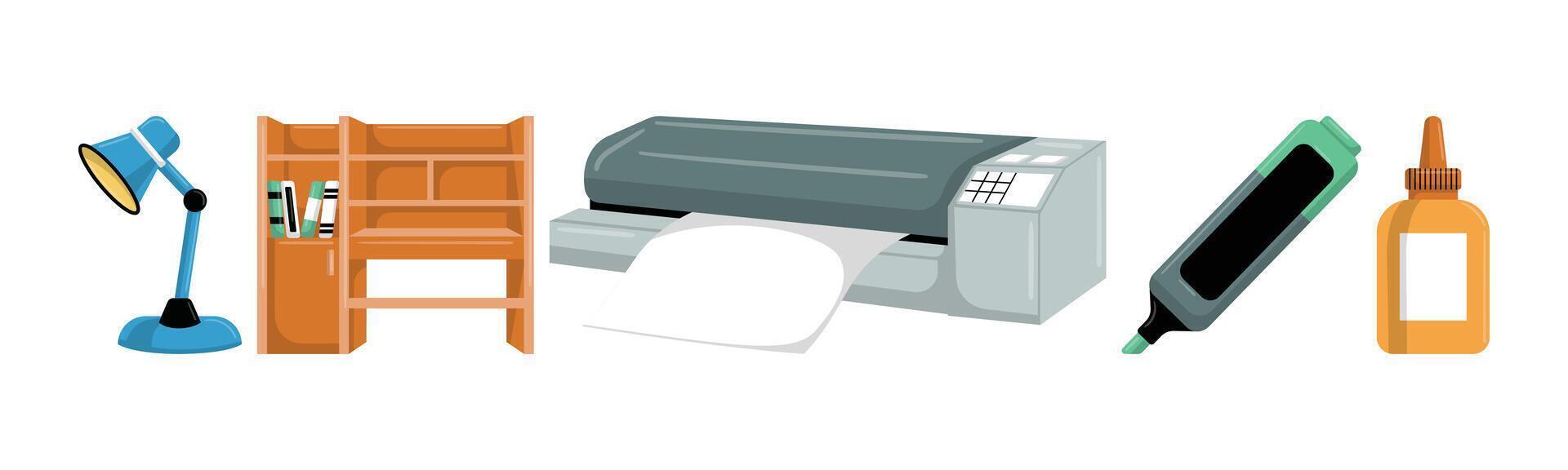 A vibrant and cartoon-style illustration showcasing various school and office supplies such as a desk lamp, bookshelf, printer, marker, and glue. vector