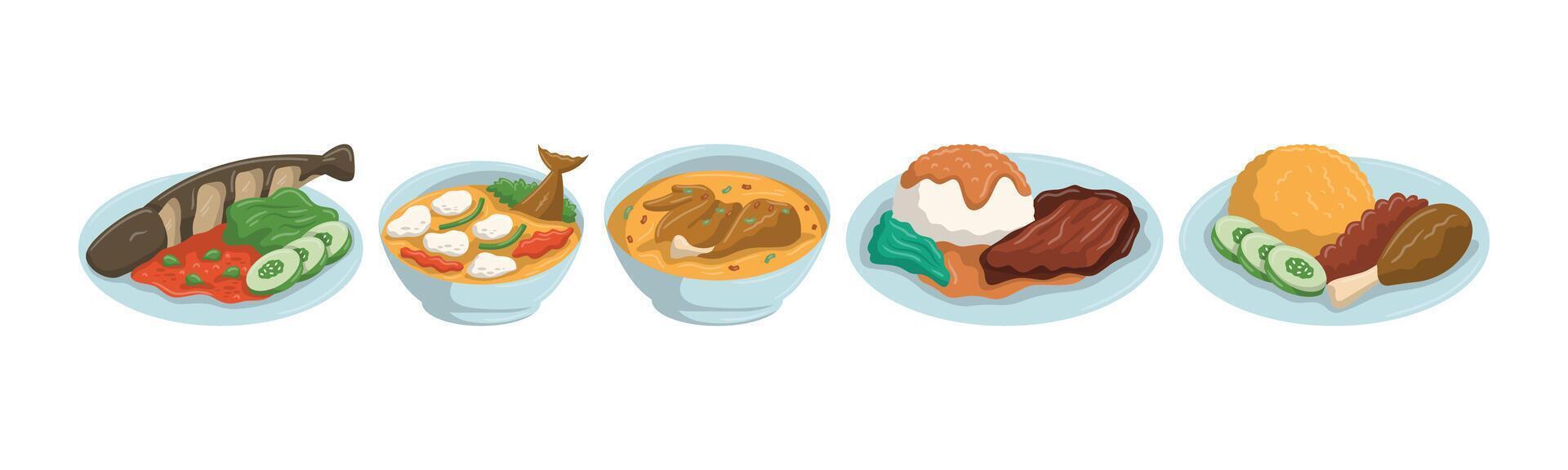 Assortment of indonesian dishes illustration. Exploring cultural and gastronomic diversity. Showcasing traditional recipes with exotic flavors and fresh ingredients. vector