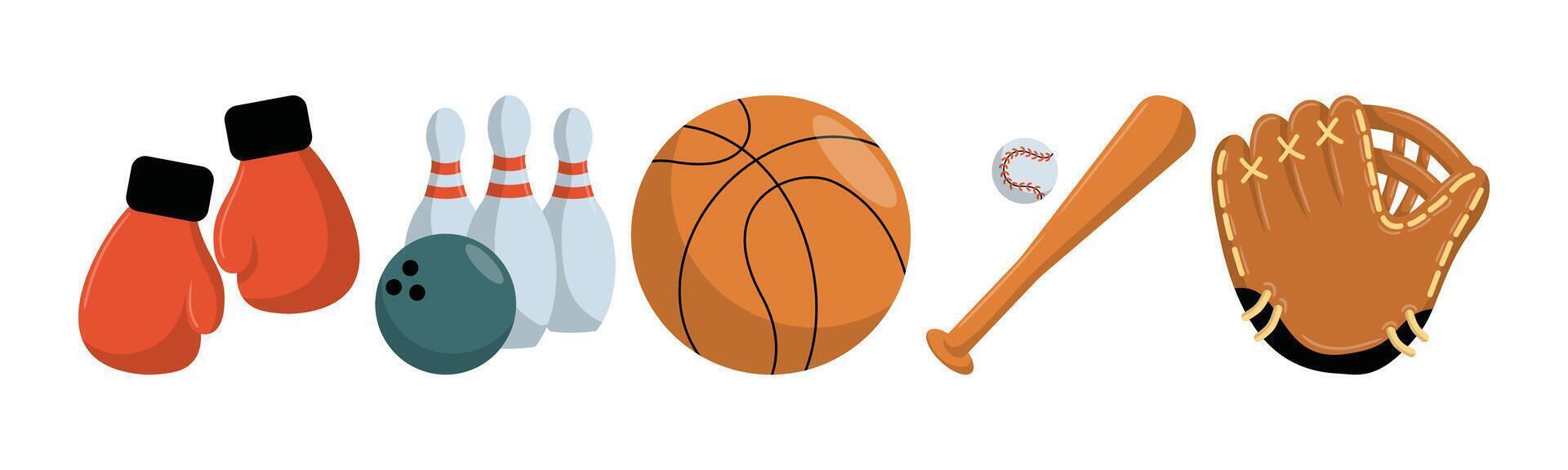 An illustration of boxing gloves, bowling pins, basketball, baseball bat, ball and glove used to represent different sports and recreational activities. vector