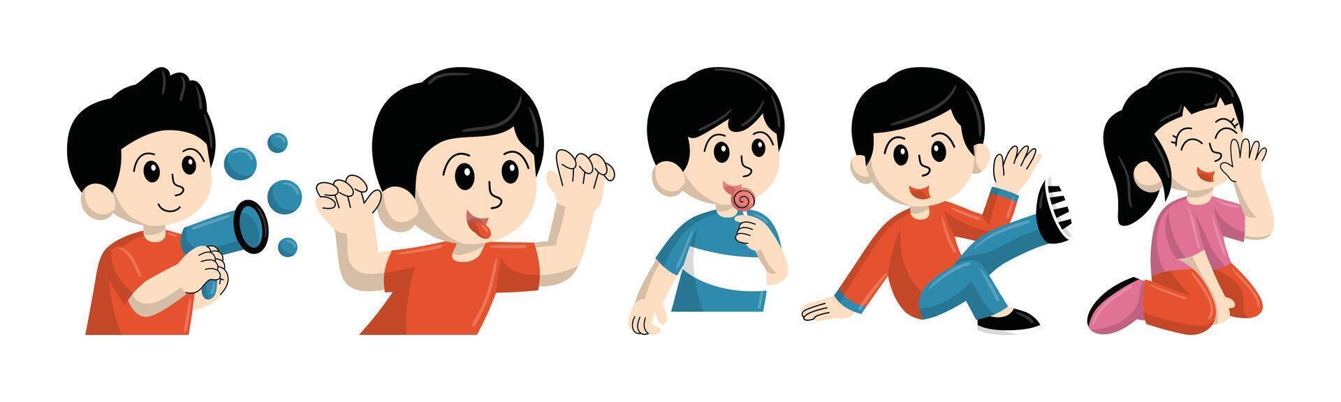 Cartoon illustration of children engaged in playful activities. Depicting joyous moments and lighthearted fun, perfect for children's content. vector