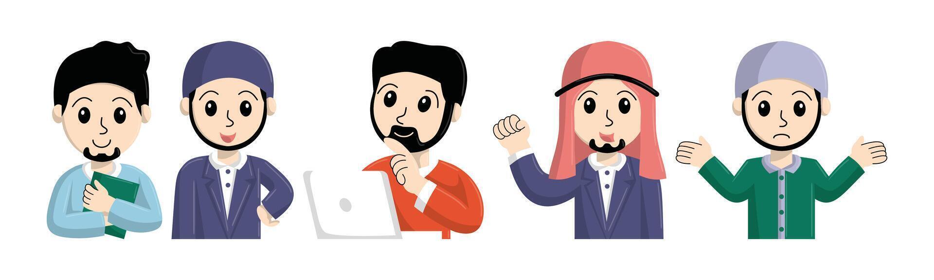 A cartoon illustration showcases diverse men from differing cultural or professional backgrounds, each expressing distinct emotions and gestures. vector