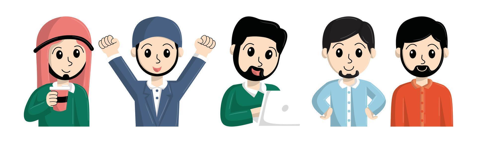Cartoon illustration of diverse Middle Eastern men in various business and everyday settings, conveying success and professionalism. vector