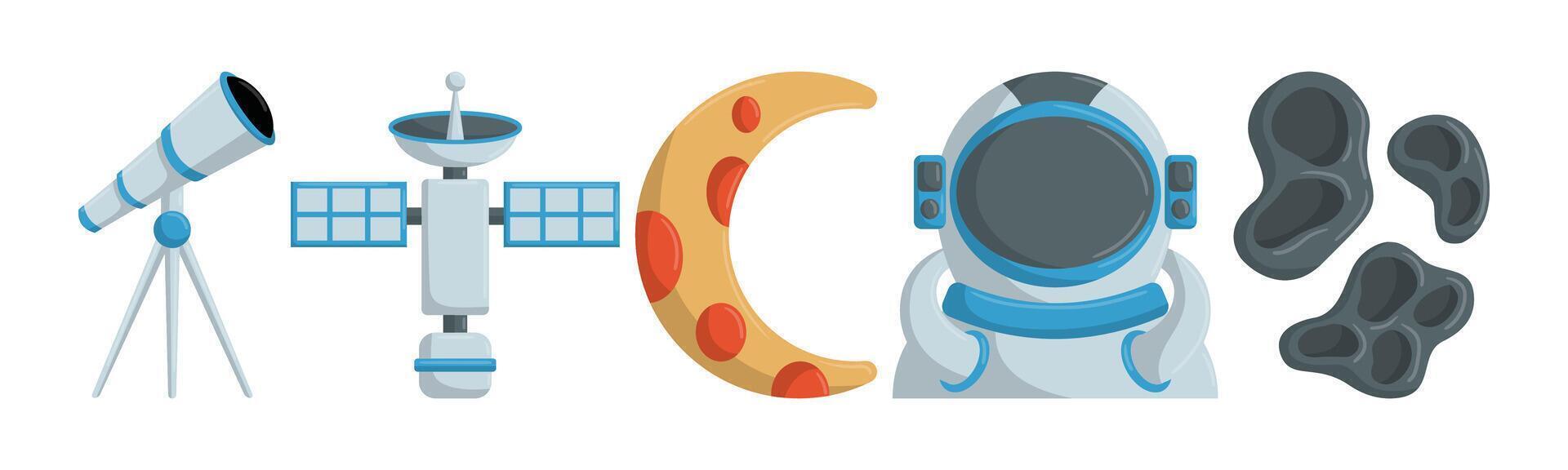 Stylized cosmic exploration elements arranged in a illustration. It includes astronaut, telescope, satellite, moon and craters, perfect for illustrating concepts of space and discovery. vector