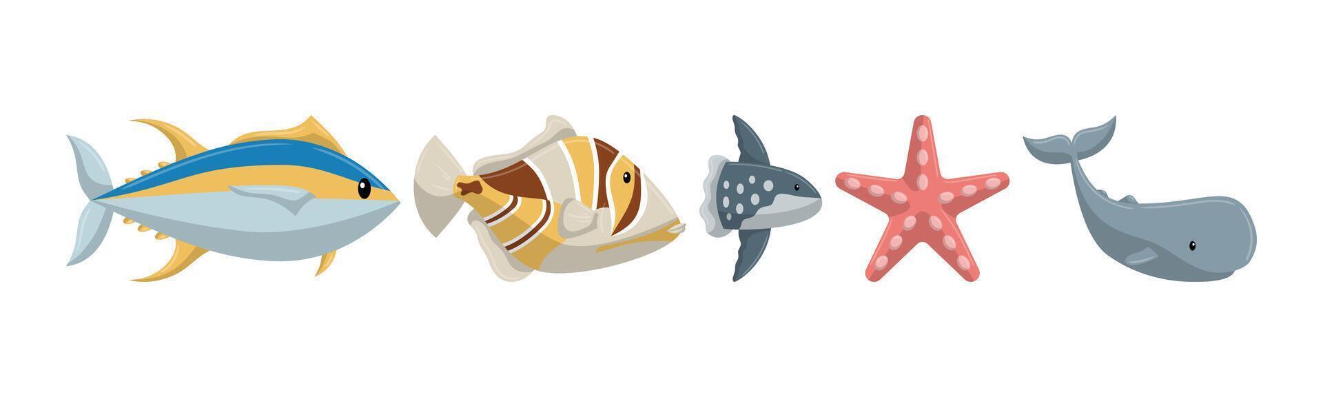 A vibrant cartoon illustration featuring various marine creatures like a tuna, tropical fish, starfish, whale, and sunfish, rendered in a playful and colorful style. vector