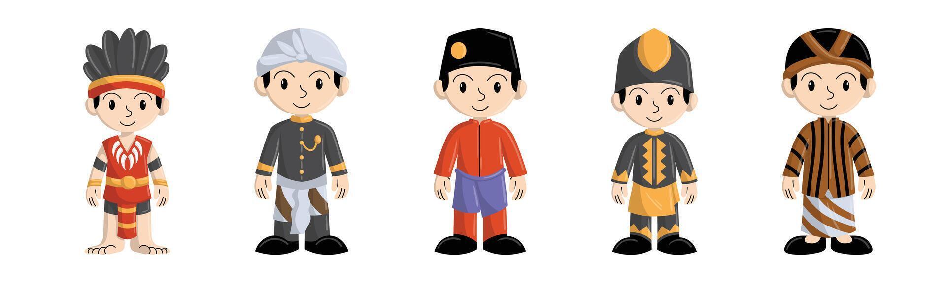 A charming collection of cartoon characters showcasing traditional Indonesian clothing from various regions, celebrating the nation's rich cultural heritage. vector