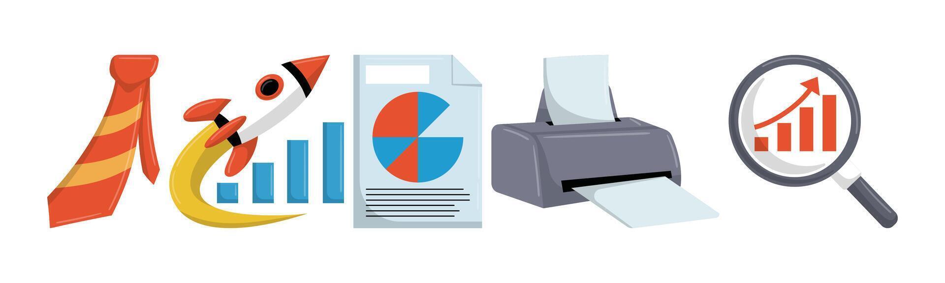 A conceptual illustration depicting business growth, featuring elements like a rocket, charts, and a magnifying glass to symbolize analysis and exploration for success. vector