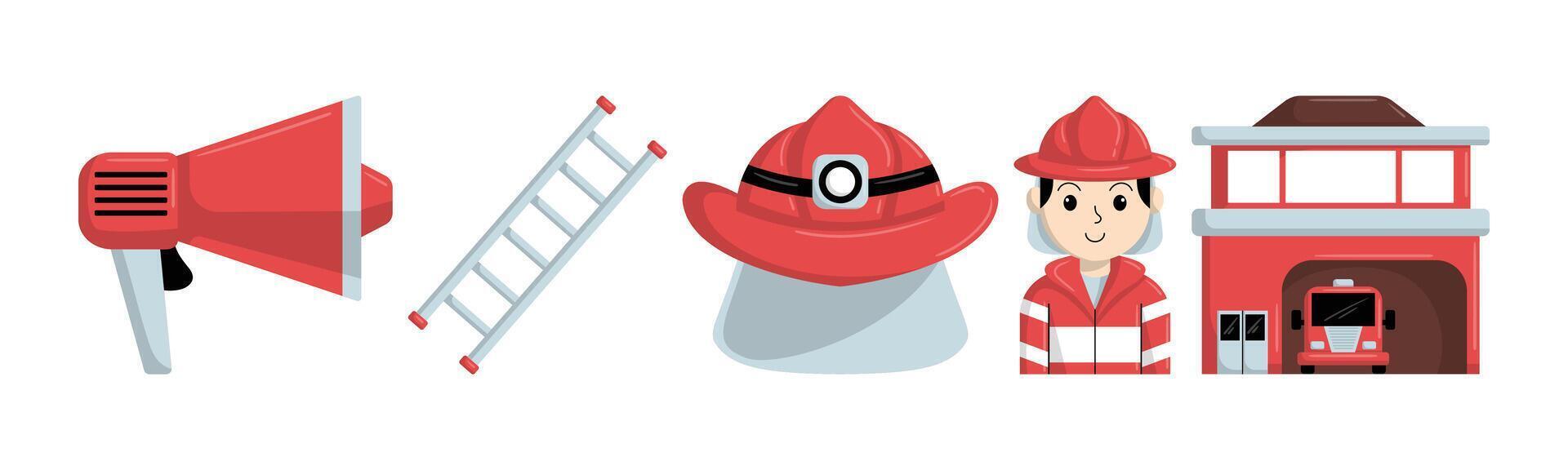Cartoon illustration of firefighter equipment, including a megaphone, ladder, helmet, firefighter, and station. Representing safety, rescue and emergency response. vector