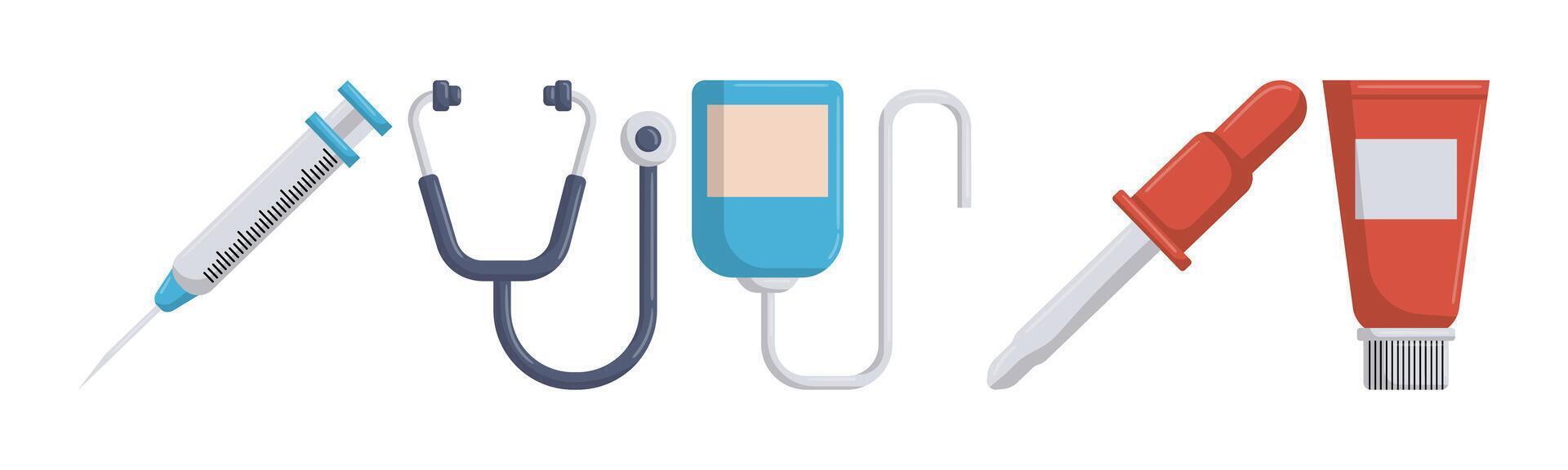 A collection of diverse medical tools, including a syringe, stethoscope, dropper, and tube of cream, illustrating various healthcare and treatment applications. vector