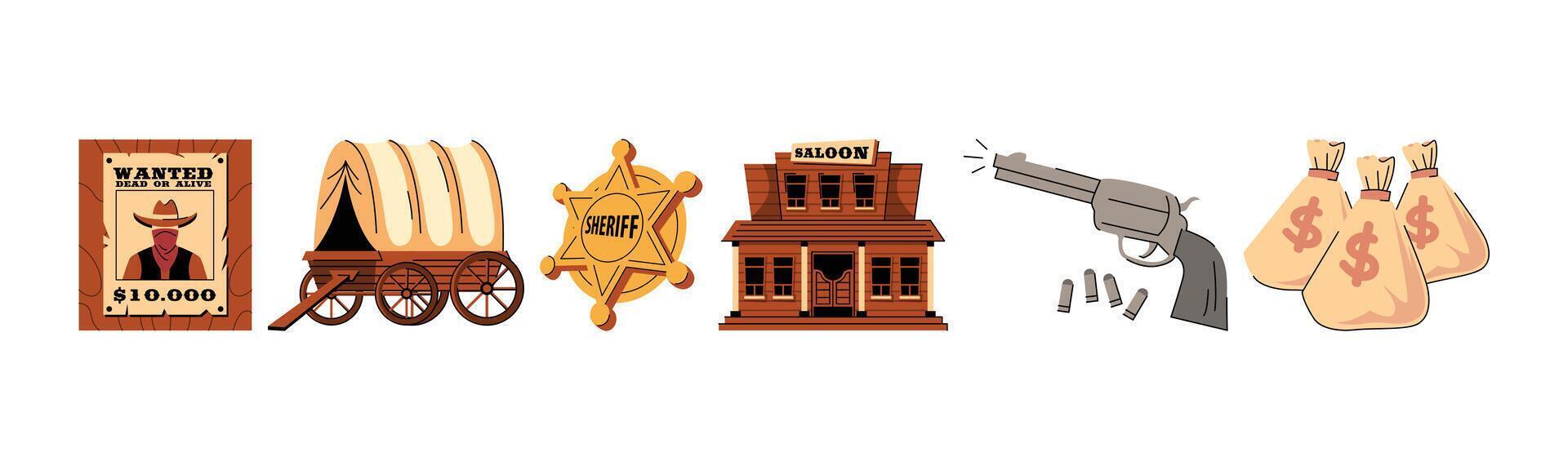 Cartoon wild west set with wagon, sheriff badge, saloon, gun and money bags vector