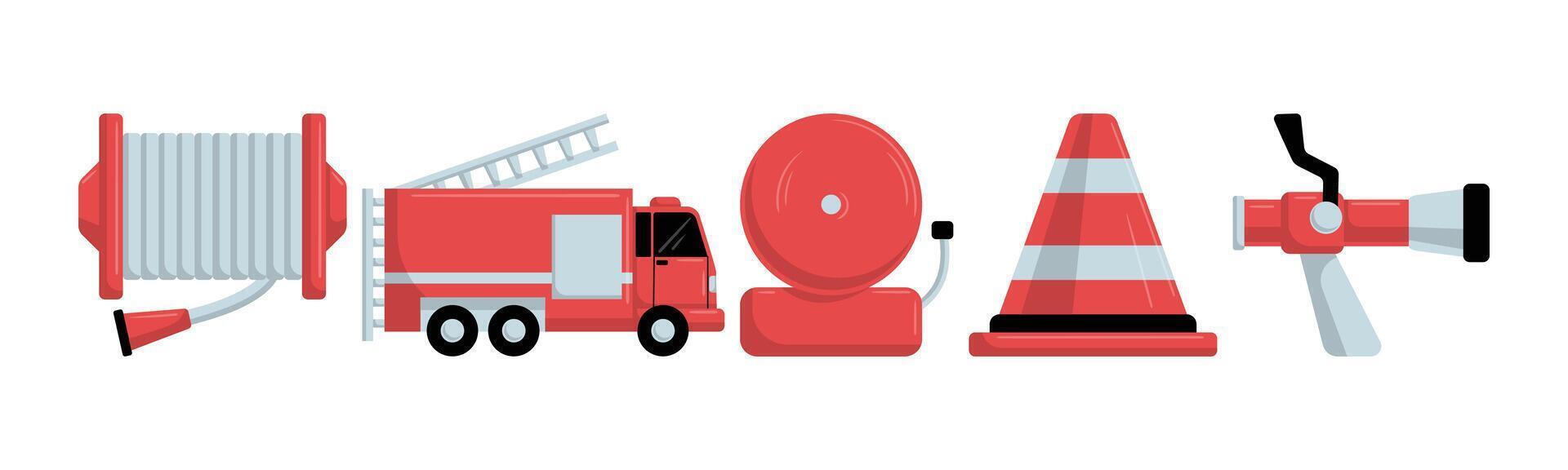 A cartoon illustration featuring essential fire safety equipment including a fire truck, hose, bell, and safety cone. vector